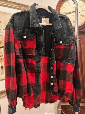 JK Red & Black Plaid Corduroy-Trim Jacket